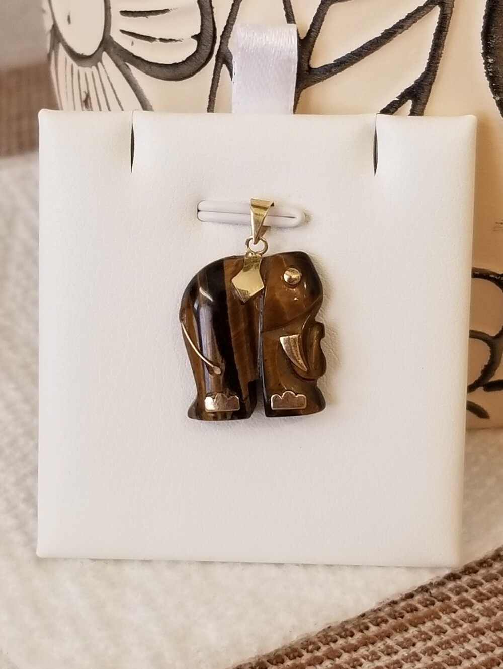 14K Gold Tigers Eye Elephant Pendant